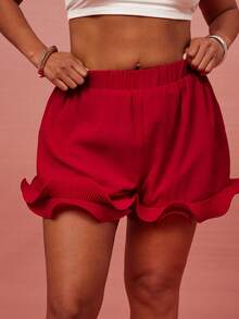 Vixey Red Ruffle Hem Elastic Waistband Chiffon Shorts With Lining - Red - View 2