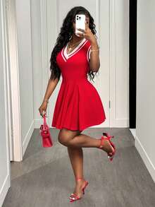 BamGleam Women's Fashion Casual V-Neck Sleeveless Short Dress Red Short Dress Women Red Dress Skater Dress Women Flare Dress Red Mini Dress Vacation Boho Sexy Plain Plaid Striped Casual - Red - View 8
