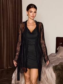 SHEIN Váy ngủ ren mỏng manh gợi cảm, cổ yếm, vải thân thiện với da, thiết kế dây xích, bộ đồ ngủ nữ - màu đen - Xem 6