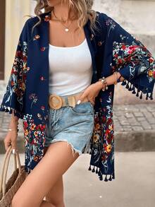 Brillora Floral Print Tassel Trim Kimono Summer - Multicolor - View 1