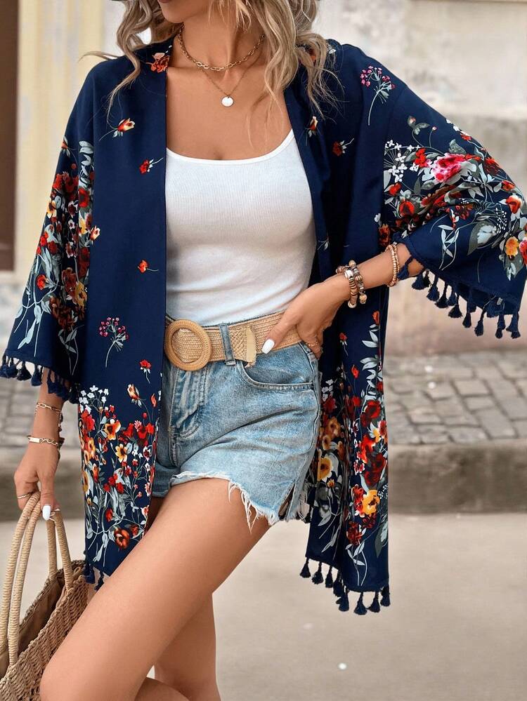 Floral Print Tassel Trim Kimono Summer