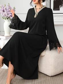 Al Najma 女士优雅阿拉伯风格拼接刺绣金线蕾丝边饰派对礼服 - 黑色 - 查看 7