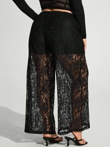 Truni Ropa de otoño para mujer, pantalones anchos de encaje transparente elegantes y sexys de talla grande para invierno - Negro - Ver 2