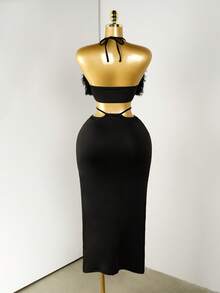 Mistrie 性感毛绒露背连衣裙，镂空腰带设计，修身美人鱼裙，魅惑晚宴小黑裙 - 黑色 - 查看 2