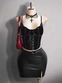 SHEIN ICON Áo corset hai dây màu đen gợi cảm và thời trang phong cách Millennials Y2K, tối màu Gothic, tiên phong và táo bạo, phối da và nhung, thiết kế cánh dơi. - màu đen - Xem 5