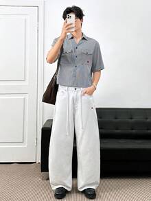 ESTAVOR Men's Drawstring Waist Pockets Button Animal Embroidery Pattern Casual Commuter Wide Leg Jeans - White - View 6