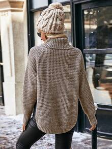 SHEIN LUNE Jersey de cuello alto con mangas raglán, jersey de punto de manga larga para otoño e invierno - Caqui - Ver 2