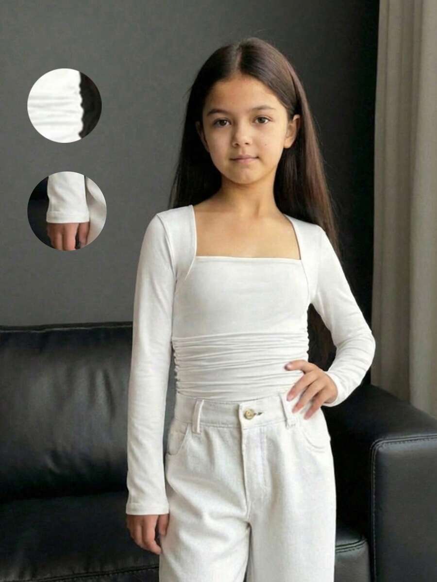 SHEIN Tween Girl Ruched Long Sleeve T-Shirt, Slit Cuffs, Waist Ruching, Square Neck T-Shirt, Autumn/Winter Top - White - View 1