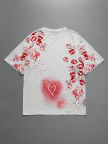 Manfinity EMRG 男士情人节红唇印花短袖圆领T恤，休闲百搭，适合度假、用餐、日常约会等场合，简约百搭的设计，自穿或送礼皆宜。 - 白色 - 查看 6