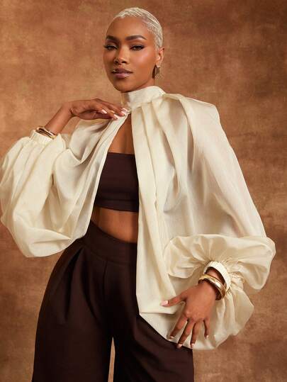 Vixey Sheer Chiffon Woven Split Hem Balloon Sleeve Top