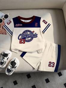 Genkimix Kids 1 Set Young Boys Casual Fashion Sports Style California 23 Letter Print Contrast Color Round Neck Short Sleeve T-Shirt And Shorts Set, Suitable For Outdoor Casual And Sports Wear, Spring/Summer