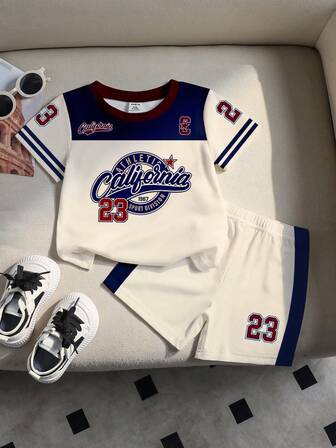 Genkimix Kids 1 Set de Estilo Deportivo Casual de Moda Joven para Niños con Estampado de Letra California 23 y Contraste de Color, Camiseta de Manga Corta Cuello Redondo y Pantalones Cortos, Adecuado para Uso Casual y Deportivo al Aire Libre, Primavera/Verano