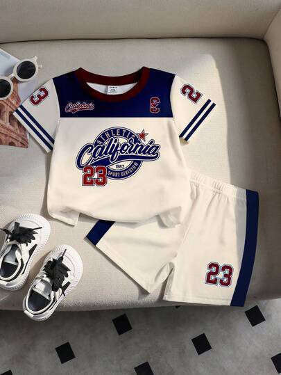 Genkimix Kids 1 Set Young Boys Casual Fashion Sports Style California 23 Letter Print Contrast Color Round Neck Short Sleeve T-Shirt And Shorts Set, Suitable For Outdoor Casual And Sports Wear, Spring/Summer