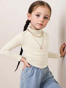 SHEIN Serisse Kids Tween Girl Neck Ruched Basics Solid Color Knit Tee,Great For Casual & Daily Wear & School Daily In Autumn & Winter - Apricot - View 4