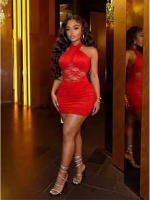 Slaydiva Đầm mini nữ dáng ôm màu đỏ phối ren, xếp ly, thắt dây chéo, kiểu dáng thanh lịch, gợi cảm, thích hợp cho các buổi tụ họp, tiệc tùng, câu lạc bộ gợi cảm, năm mới, lễ hội, Giáng sinh, hẹn hò, du lịch hàng ngày, mua sắm, trang phục sân bay, trang phục ăn trưa, trang phục dự đám cưới, tiệc sinh nhật, họp mặt thường niên, tiệc chiêu đãi. - Đỏ - Xem 11