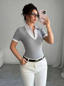 Elenzga 女士优雅复古风二合一商务休闲T恤，适合办公室和返校季穿着 - 淺灰色 - 查看 5