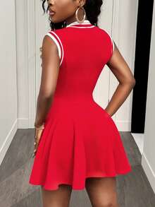 BamGleam Women's Fashion Casual V-Neck Sleeveless Short Dress Red Short Dress Women Red Dress Skater Dress Women Flare Dress Red Mini Dress Vacation Boho Sexy Plain Plaid Striped Casual - Red - View 2