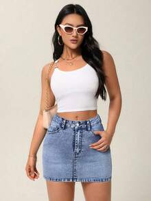 SHEIN PETITE Jupe en jean mini avec poches, style casual de rue pour femmes