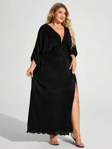 Truni Fall Clothes For Women,WinterPlus Size Elegant Sexy Solid Color High Slit Dress - Black - View 4