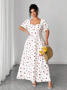 Elenzga Đầm maxi dáng chữ A tay phồng cổ vuông in hoa hồng dành cho nữ cỡ lớn, kiểu dáng cổ điển thanh lịch ngọt ngào lãng mạn, thích hợp cho hẹn hò, dự tiệc, kỳ nghỉ, đi biển, mùa xuân/hè. - Đỏ và trắng - Xem 3