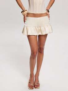 SHEIN BAE 女士时尚性感纯色低腰半身裙，内置短裤 - 芥末黃 - 查看 6