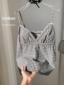Comfortcana 女士黑白格子 V 领荷叶边吊带背心