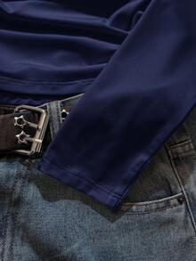 Attitoon Casual Retro Style, Minimalist Style, College Style Black NY Letter Placement Print Pattern, NY Logo Pattern, Women's Casual Fashion Print Polo Collar, Versatile Long Sleeve T-Shirt, Suitable For Autumn/Winter, Airport Outfit Carnival - Navy Blue - View 5