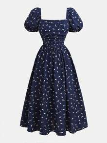 Girlism 少女春夏藏蓝色碎花泡泡袖褶皱腰A字中长连衣裙，优雅碎花，奢华度假风，情人节，假日 - 藏蓝色 - 查看 6