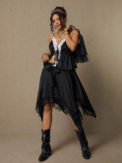 Freevana Plus Size Vintage Bohemian Black Satin Irregular Tie Waist Lace Trim Hem A-Line Skirt, Retro Elegant Early Spring Versatile Slimming