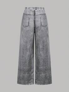 SHEIN Girlism 少女休闲街头风修身不对称下摆长袖上衣搭配宽松阔腿牛仔印花涂鸦图案裤子两件套，返校季，甜美酷炫女孩，时尚个性 - 白色 - 查看 9