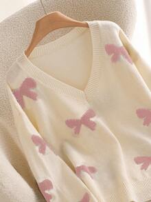 CosyJoli Áo len dài tay cổ chữ V màu hồng họa tiết nơ, cỡ lớn, thích hợp cho mùa thu/đông. - Hồng - Xem 3