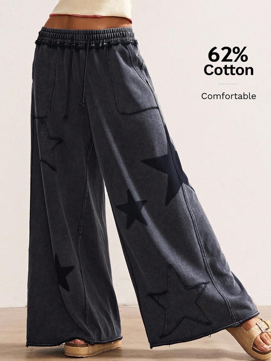 Bohemela 女士休闲纯色针织宽松阔腿裤 - 黑色 - 查看 1