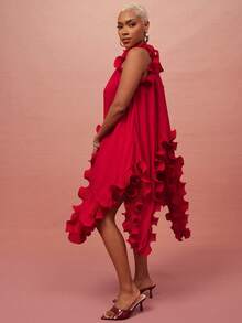 Vixey Sheer Red Chiffon Ruffle Asymmetrical Hem Sleeveless Top - Red - View 2