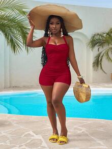 Slaydiva Plus Size Solid Color Halter Backless Fitted One-Piece Swimsuit - Red - View 6