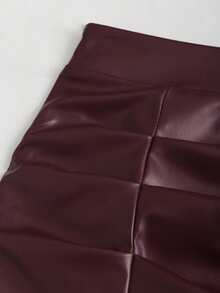 Sweetra Petite 秋冬休闲A字喇叭PU皮迷你裙，娇小女性的时尚之选 - 酒紅色 - 查看 5