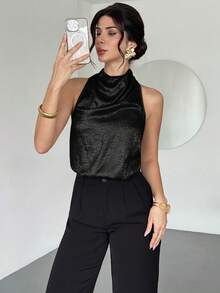Firerie Damen Lässig und elegant Pendler Gold Satin Halter-Rücken Rollkragen Top/Silvester Look/Sexy Top/Glitzerndes Top/Party Top/Old Money Stil Top/Gold Top - Schwarz - Übersicht 8