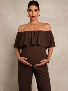MaterniChic Maternity Clothes Maternity Solid Color Patchwork Ruffle Off Shoulder Jumpsuit Elegant - Brown - View 1