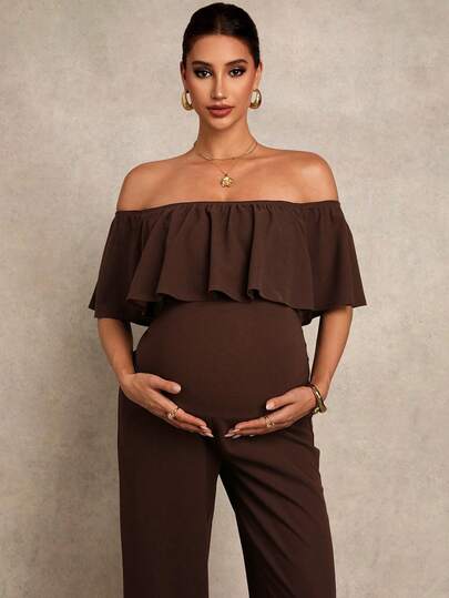 MaterniChic Maternity Clothes Maternity Solid Color Patchwork Ruffle Off Shoulder Jumpsuit Elegant