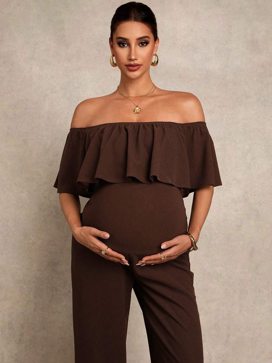 MaterniChic Maternity Clothes Maternity Solid Color Patchwork Ruffle Off Shoulder Jumpsuit Elegant - Brown - View 1