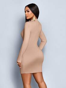 SOLERSUN Abito mini aderente e sexy in tessuto lavorato a maglia, con maniche lunghe, colletto alto, collo rialzato, plissettature, apertura sul petto, decorazione con bottoni metallici, adatto per feste e uso quotidiano, colore albicocca, ideale per l'autunno e l'inverno - Cachi - Visualizzare 2