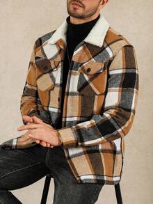 Manfinity Homme Plus Size Men's Casual Vintage Striped Long Sleeve Jacket, Suitable For Daily Outings Plaid Jacket Plaid Flannel Flannels For Men Jackets For Men - Khaki - View 1
