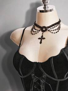 SHEIN ICON Áo corset hai dây màu đen gợi cảm và thời trang phong cách Millennials Y2K, tối màu Gothic, tiên phong và táo bạo, phối da và nhung, thiết kế cánh dơi. - màu đen - Xem 8