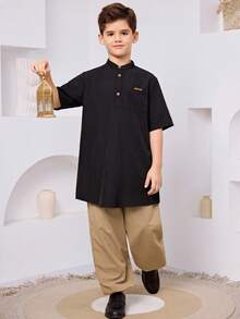 SHEIN Tween Boy Letter Patched Pocket Half Button Shirt & Drawstring Waist Pants Sets - Black - View 5