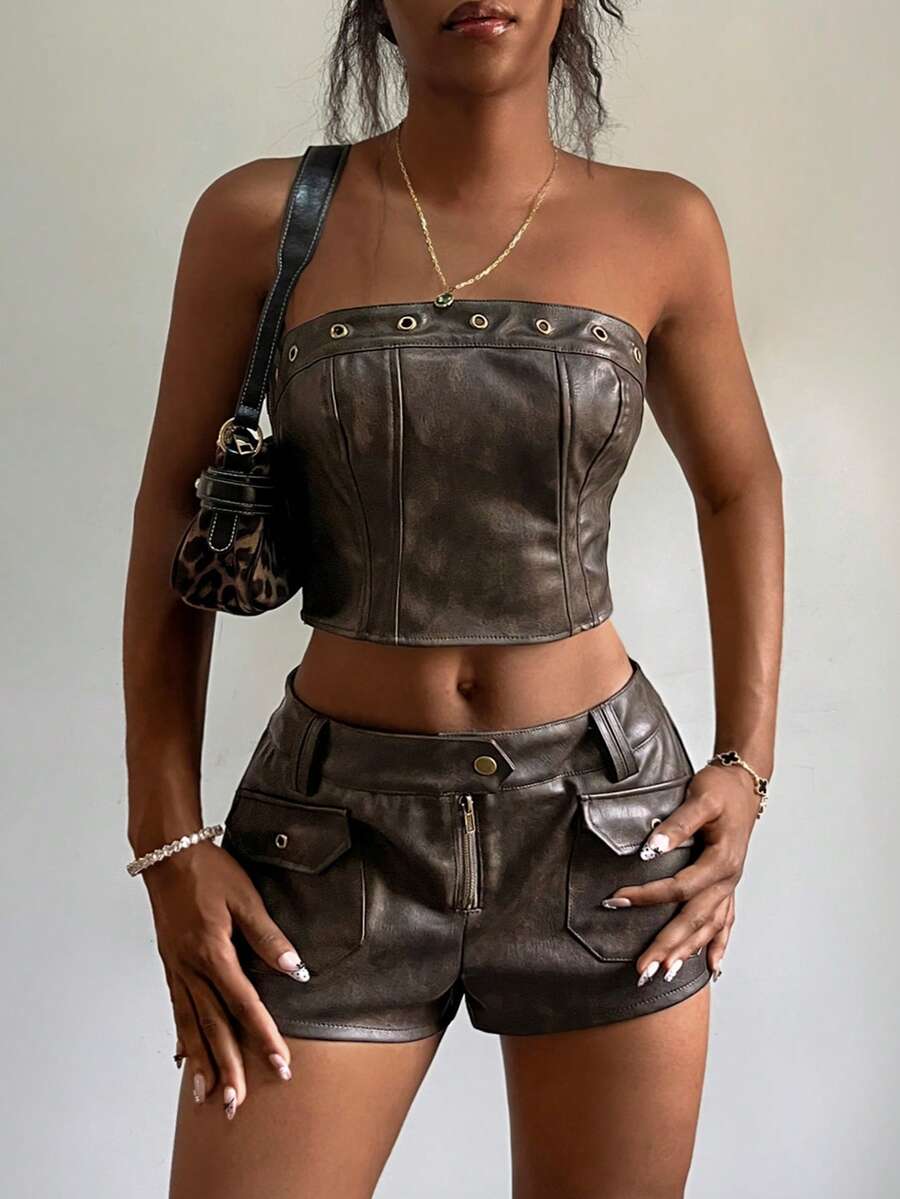 StreetHx 女士Y2K风格街头风两件套，休闲黑色朋克复古装扮 - 巧克力棕 - 查看 1