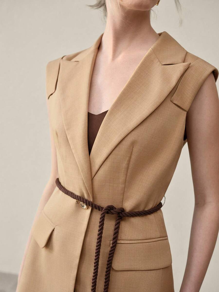 MOTF PREMIUM PEAK COLLAR LOOSE FIT WAISTCOAT, CASUAL COMMUTER WEAR - Khaki - View 2