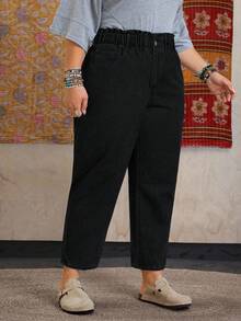 EMERY ROSE 大码女式休闲通勤牛仔裤，带口袋和纽扣 - 黑色 - 查看 4