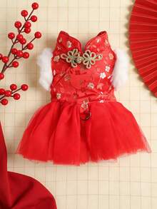 PETSIN 1件猫/狗服装，秋冬加厚红色节日新年服装，宠物公主风连衣裙