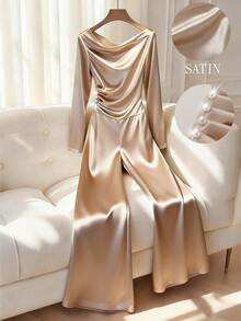 GlowEve Women's Pearl Button Decor Draped Neck Cinched Waist Wide Leg Jumpsuit, Elegant French Style Casual Streetwear Commuter Business Romantic Date Party Christmas, Long Sleeve Champagne Color - Champagne - View 9