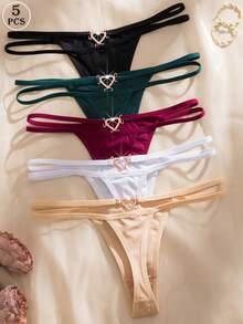 MidnightGlam 5pcs/Set Comfortable Heart Rhinestone Decor Romantic Solid Color Women's G-String Sexy Panties, Lingerie For Women,Sexy,Valentine's Day,Wedding - Multicolor - View 1