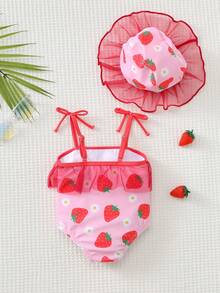 Cozy Pixies 2pcs/Set Newborn Baby Boy/Girl Strawberry Print Vacation Romper Swimsuit With Cute Sun Hat Set